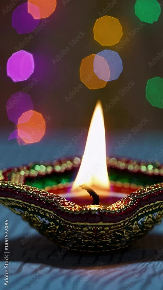 Poster close-up of a lit decorative lamp with colorful bokeh in the background, captured from a low angle, 