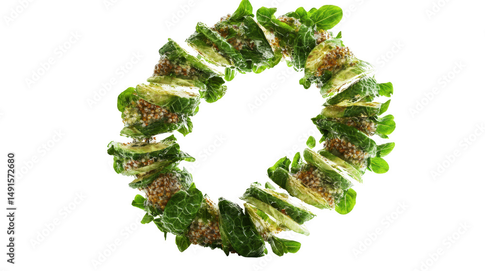 Poster freshly sliced brussels sprouts are elegantly arranged in a circular pattern on a clean white backgr