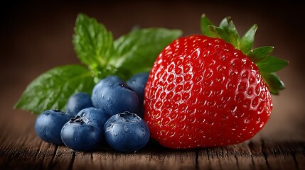 Juicy Strawberry  Blueberry Delight on Rustic Wood.
