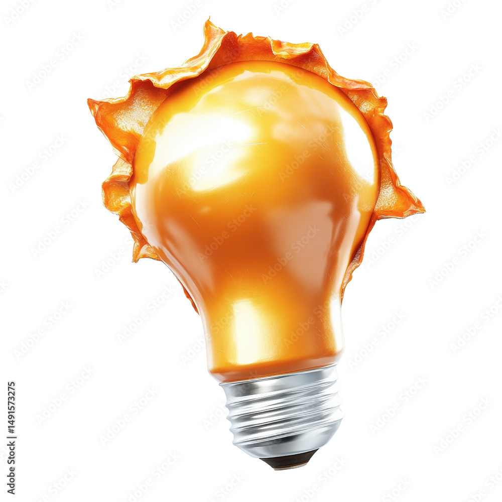 Aufkleber creative concept of a broken lightbulb with melting gold inside on a white background symbolizing in