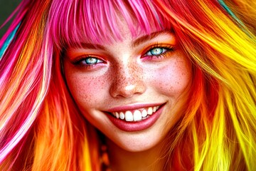 Obraz premium Long coiffure - multicolored hair. Commercial ad campaign visual idea. Pretty smiling mixed-race girl - for ads, billboard and social platforms use. Vibrant colored advertising.