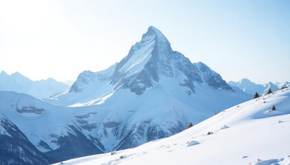 Fototapeta premium Snow covered mountain peak against bright white sky, bright, sky
