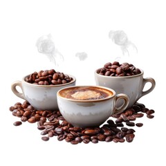 Cups with coffee and beans isolated on white background