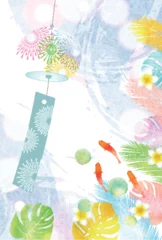 Fotobehang 金魚　夏　水彩　和柄　背景 © J BOY