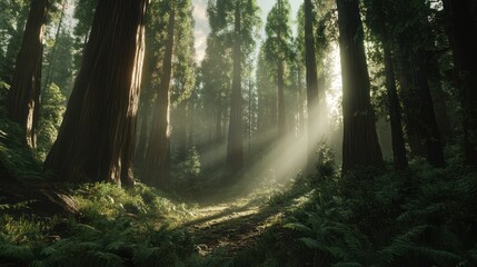 Sunlight streams through redwood forest. Lush undergrowth