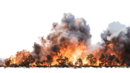 Intense wildfire engulfing trees and thick smoke.