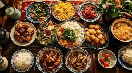 A table filled with various Asian dishes, including rice, noodles, vegetables, and meats, arranged in a colorful and vibrant display.