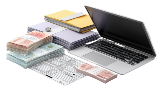 Workspace with laptop, documents, and cash.