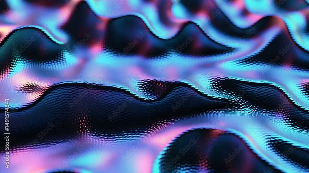 Poster abstract iridescent waves ripple with mesmerizing light and shadow, creating a futuristic texture.