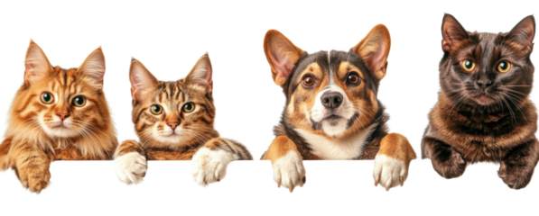 Two cute tabby cats and a dog, along with a black cat, pose over a blank white sign happily.