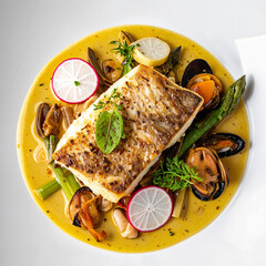 (Topview) Pan fried Norwegian halibut served in a guazzetto of vongole, mussels and white wine...