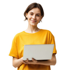 Woman holding a silver laptop isolated on transparent background.png white background