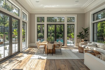 Modern dining room with large windows, wood floors, light gray walls, white ceiling trim, centered dining table with chairs, sitting area, and glass door to backyard