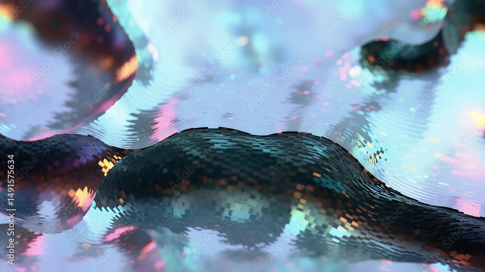Poster abstract flowing mosaic surface with shimmering reflections of light and iridescent colors.