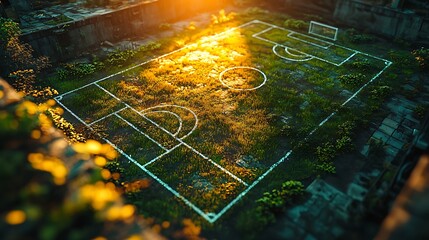 Overgrown pitch basks in golden light