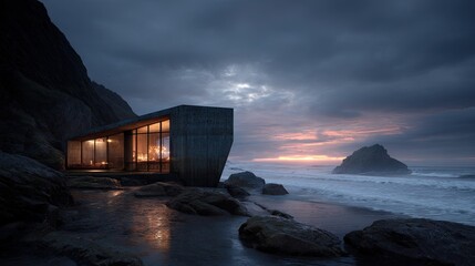 Coastal Retreat Modern Home on Rocky Beach at Dusk.