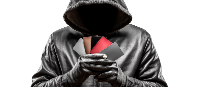 Faceless figure holding color cards in dark hoodie.