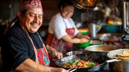 A man and a woman cooking in a kitchen, with a man wearing a red headband and a woman in a white chef's hat, surrounded by various cooking utensils and ingredients.