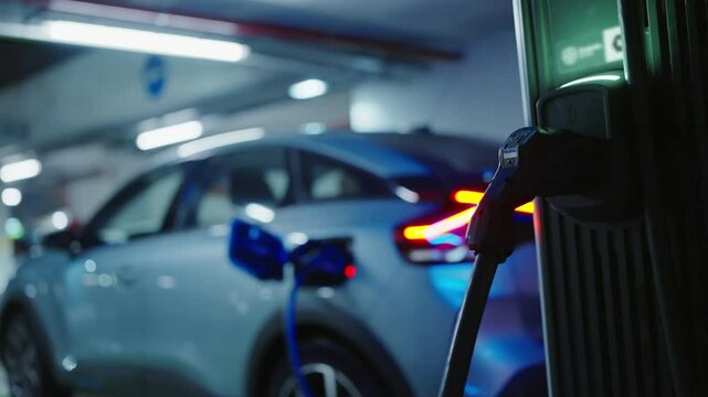 A modern electric vehicle charges with a blue charging station in a dimly lit parking garage, highlighting eco-friendly transportation technologies. Electric Car Charging in a Parking Garage at Night