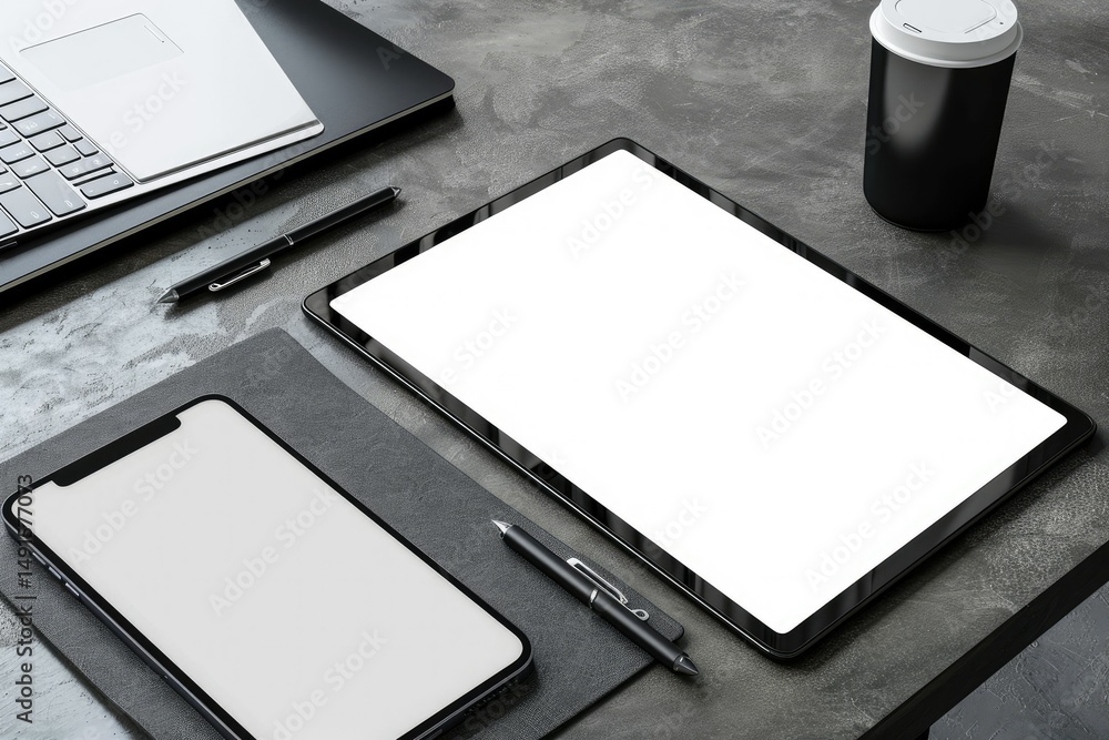 Poster flawless picture of tablet and smartphone with notebook on grey table