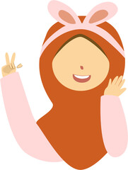 Cheerful Girl in Hijab with Bunny Ears, Peace Sign