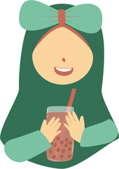 Happy Girl in Hijab Enjoying Bubble Tea