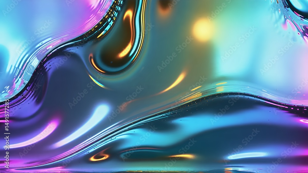 Poster abstract iridescent surface showcases flowing light and color creating a smooth liquid aesthetic.