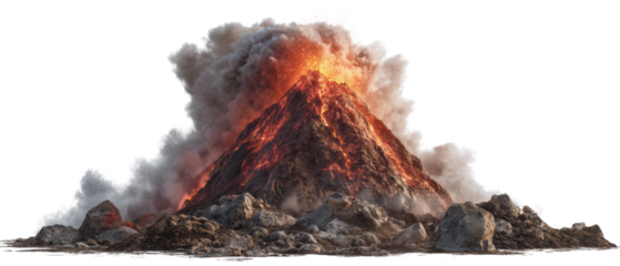 Erupting volcano with smoke and lava flow.