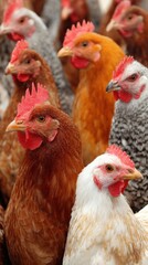 Close-up of Diverse Chickens in a Farmyard Flock, Eye-Level View of Poultry in Various Colors and Patterns, Rural Scene