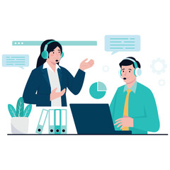 Business Services Illustration. Vector illustration of Two professionals with headsets collaborating in a customer support environment. Isolated on background