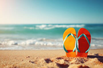 Obraz premium Vibrant flip-flops on sandy beach, summer vacation concept, sunny day, eye-level shot, tropical paradise, relaxation