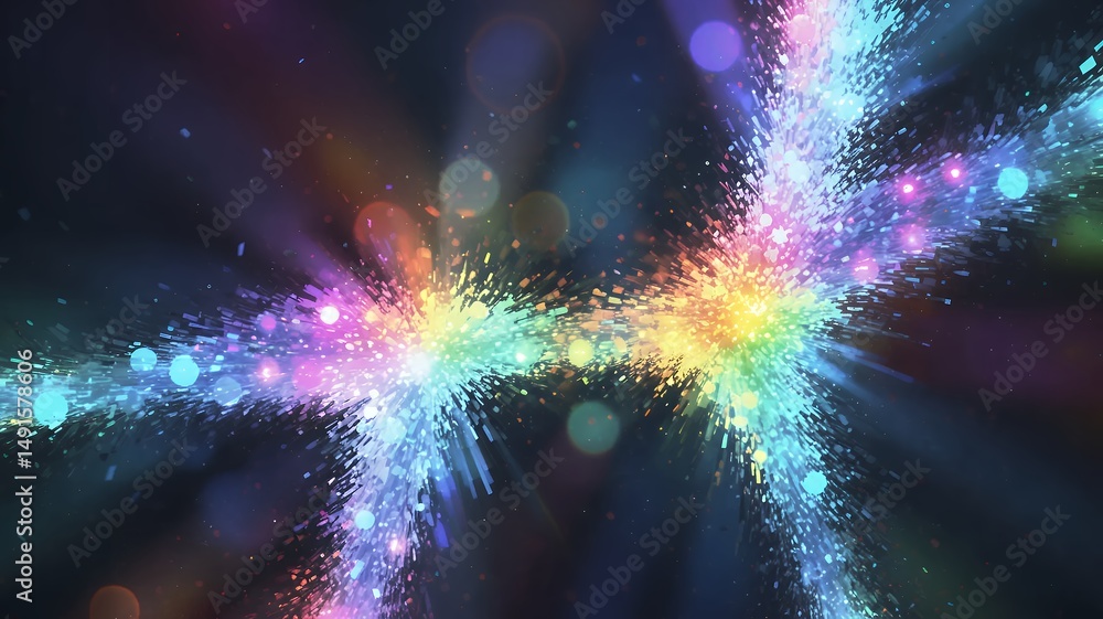 Poster colorful explosion of light and energy with bokeh effect in a dynamic burst across a dark space.