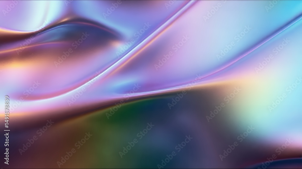 Poster abstract iridescent wave with a fluid, metallic texture showing depth and luminous color transitions