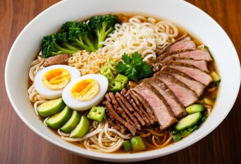 Roast meat and noodles in a bowl with broccoli and boiled eggs