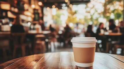 Cafe interior showing a white coffee cup sitting on a wooden table