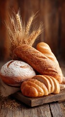 Assorted Breads and Wheat Still Life on Rustic Wood Table Top Angle Food Photography
