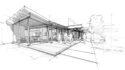 Fototapeta premium Modern House Sketch Architectural Design with People.
