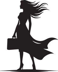 Empowered Woman Silhouette with Briefcase &ndash; Minimalist Vector Illustration
A minimalist black silhouette vector illustration of a confident woman standing tall in a flowing dress, her hair swept by t

