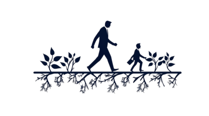 A businessman and boy follow a path with roots and leaves representing growth on a plain white backdrop.