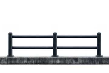 A sturdy metal railing with vertical posts and horizontal bars mounted on a concrete base.