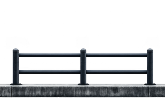 A sturdy metal railing with vertical posts and horizontal bars mounted on a concrete base.