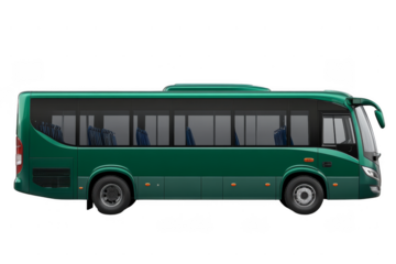 A modern green passenger bus with large windows and comfortable seating.