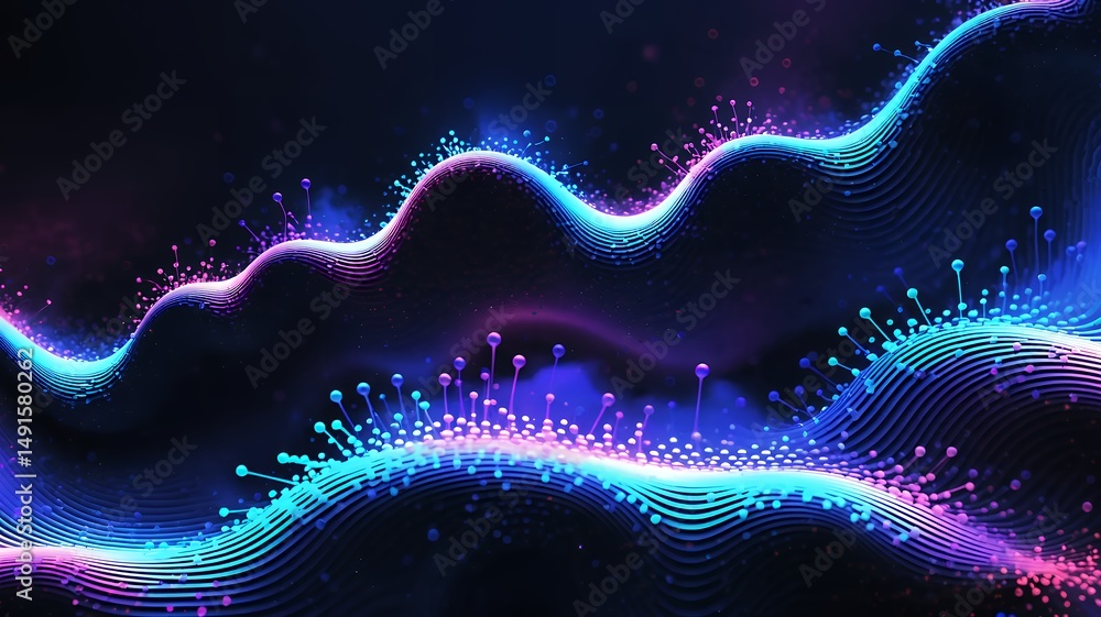 Poster abstract visualization of data flow with vibrant neon lights forming stylized digital waves.