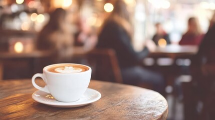 Cafe interior showing a white coffee cup sitting on a wooden table