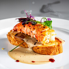Lobster a la Rossini, with pan fried foie gras, truffle bisque sauce on toasted brioche bread