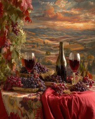 Image of Tuscan Still Life with Wine and Grapes at Sunset A bottle of red wine and bunches of grapes on a table with a Tuscan landscape backdrop printed on Printed Glass Splashbacks