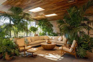 Interior view of a bright sunlit lounge area with tropical plants and modern furniture in a well decorated office space