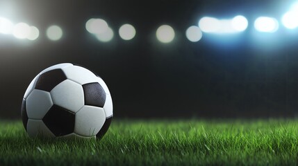 Fototapeta premium Classic Black and White Soccer Ball Resting on Vibrant Green Grass Under Bright Stadium Lights Ready for the Game to Begin