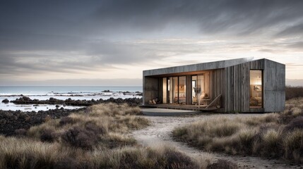 Fototapeta premium Coastal Haven Modern Cabin Retreat by the Sea with Iceland.