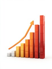 Upward trending bar graph with orange arrow on white background showing growth and success in business and finance
